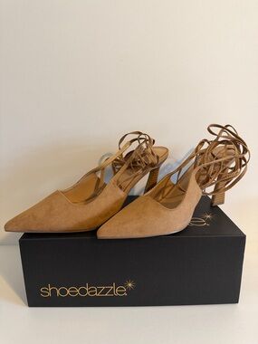 Shoe Dazzle Tan Suede Lace-Up Pointed-Toe Heels